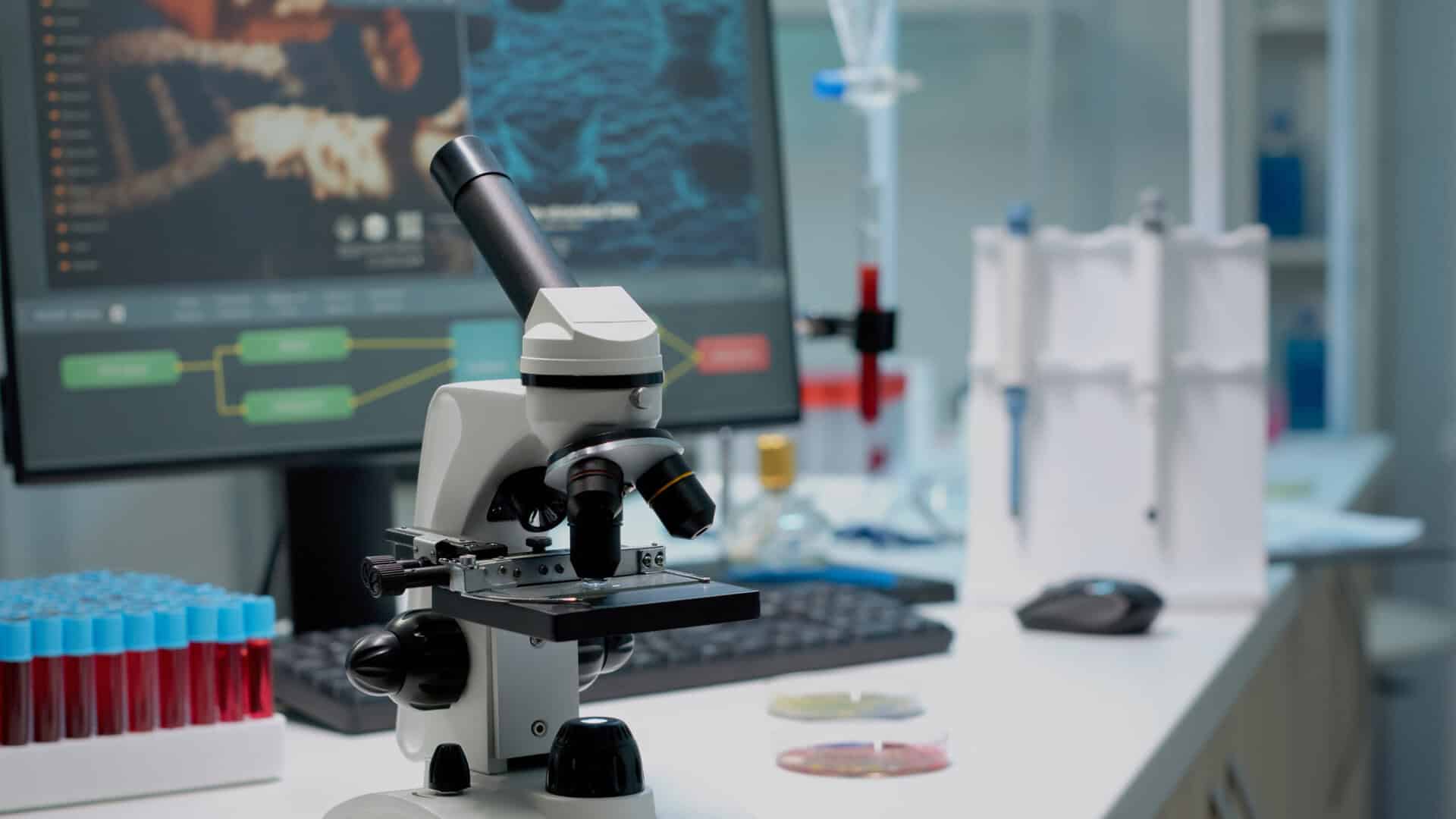 Close up of chemical microscope and medical research equipment
