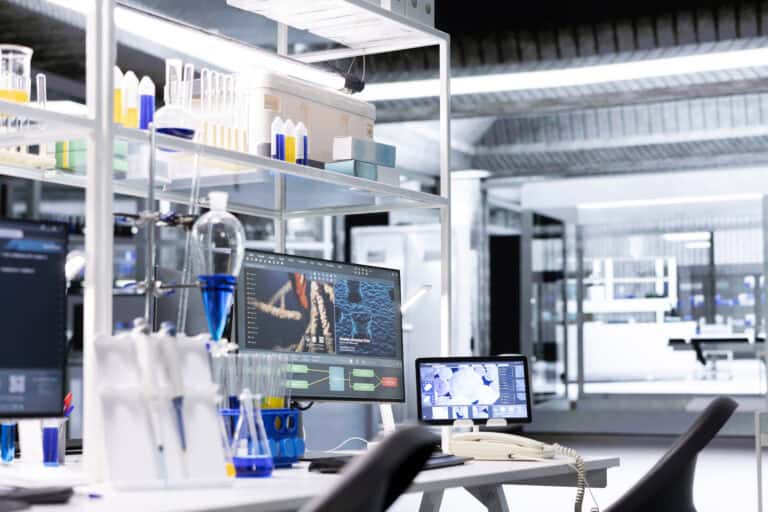 Research facility workstation with monitor and tablet displaying DNA data